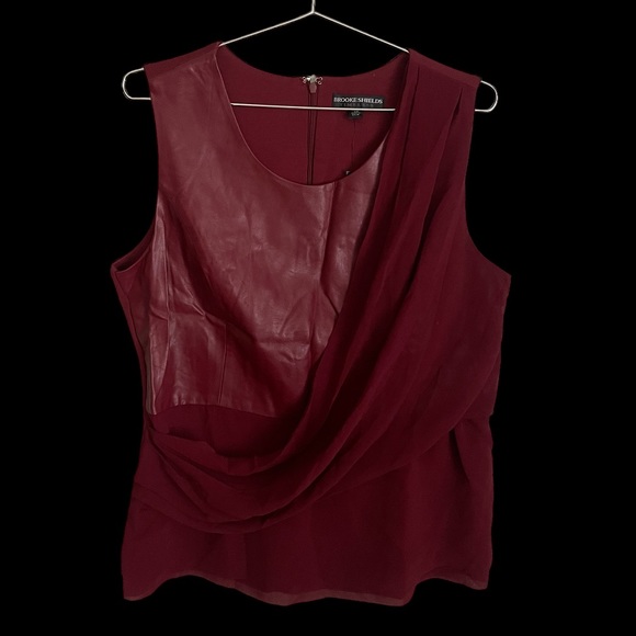 BROOKE SHIELDS Timeless Asymmetrical Faux Leather Drape Front Top Blouse - Picture 3 of 7